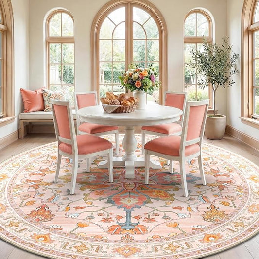 RELEANY Area Rugs Round 8ft Washable Non-Slip, Floral Vintage Distress Medallion Carpet for Living Room Bedroom Dining Room, Light Pink Colorful