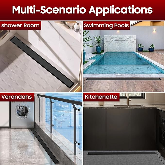 DLONE Linear Shower Drain | 36" AISI 304 Stainless Steel Linear Drain, Matte Black Shower Drain with Tile Insert Panel & Adjustable Feet, Long Rectangle Shower Floor Drain in Bathroom, Balcony, etc