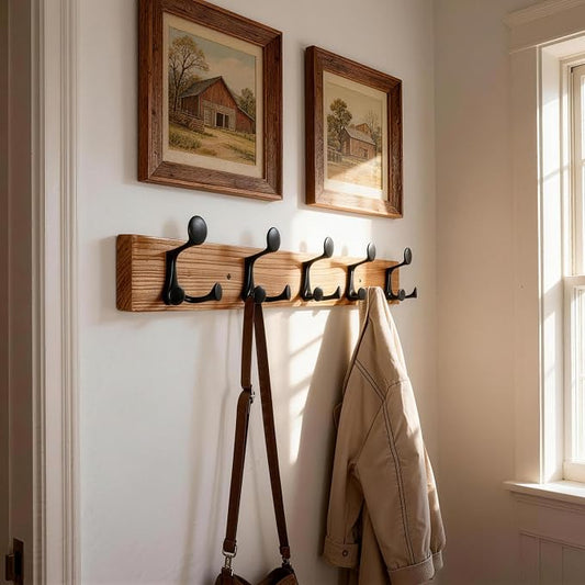 SKOLOO 24-Inch Wood Coat Rack Wall Mount with 5 Triple Hooks - Ideal for Family Entrances, Classrooms, and Pet Supplies Storage - Perfect Coat Hooks for Wall, Black on Natural