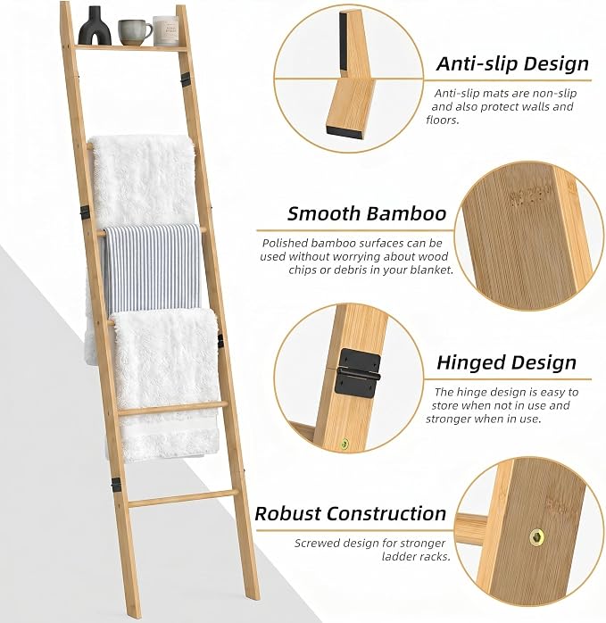 6 Tier Blanket Ladder with Shelf, Wooden Blanket Rack for Living Room, Leaning Towel Ladder Rack for Bedroom, Bathroom, Quilts, Throws, Towels and Farmhouse Décor