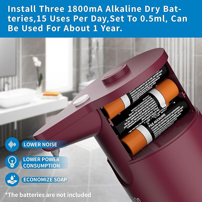 Automatic Soap Dispenser Touchless, Hands-Free, Multi Adjustable Volume, Long Battery Life, Compatible with Thick & Thin Dish/Hand Soap for Bathroom and Kitchen, Easy for Toddlers, Red