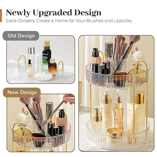 Aveniee 360 Rotating Makeup Organizer for Vanity, Upagraded Perfume Skincare Bathroom Counter Organizers with Brush Divider, Two Tier Spinning Lipstick Cosmetic Lotion Storage,White