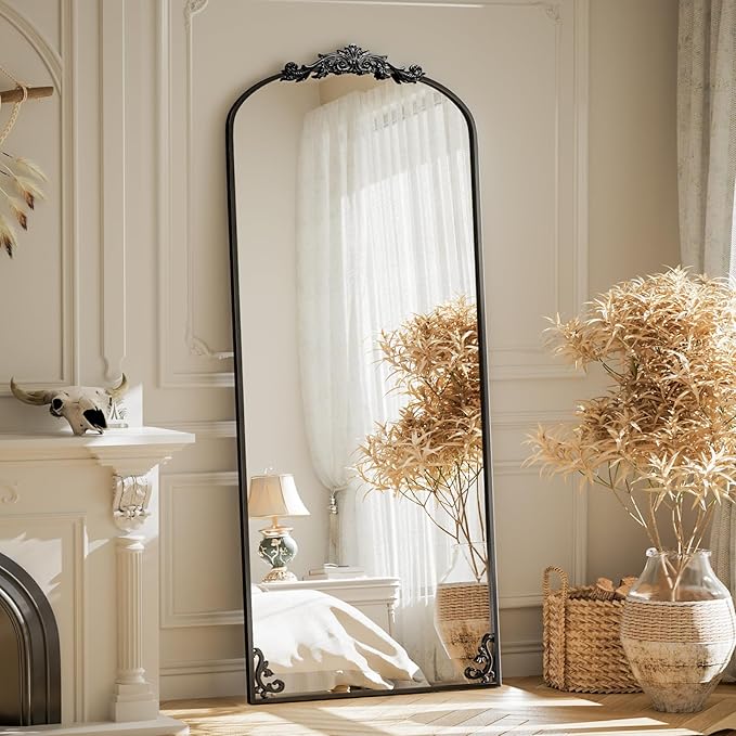 BEAUTYPEAK 65"x24" Arch Mirror Full Length, Traditional Vintage Ornate Baroque Mirror with Bottom Corner Pattern, Hanging or Leaning for Entryway/Bathroom/Fireplace/Bathroom, Black