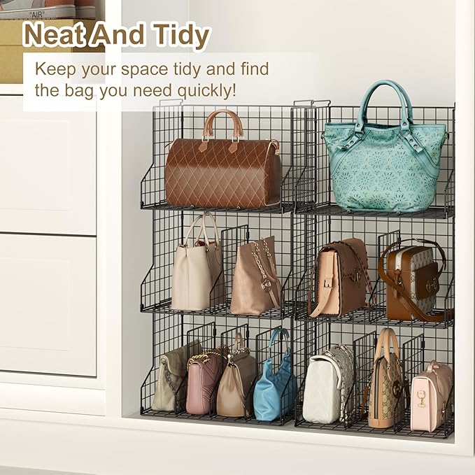 Sonyabecca Purse Storage Organizer for Closet : Adjustable 3-Pack Dividers Handbag Organizer - Stackable Wire Handbags Storage Baskets -Open Cabinets Wallets Tote Chain Bags Clutches