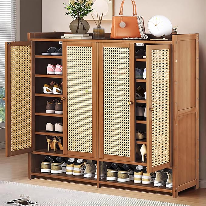 8 Tier Bamboo Shoe Storage Cabinet with Acrylic Door, 38-41 Pairs Shoe Rack for Closet, Shoe Storage Cabinet for Hallway Living Room (Brown)