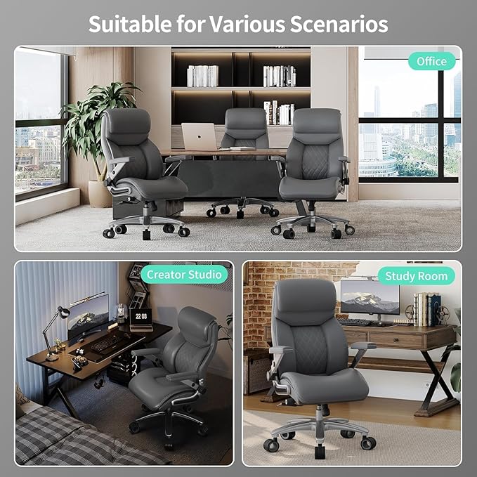 Big and Tall Office Chair with 5D Arms, 600lbs Heavy Duty Desk Chair with Adjustable Lumbar Support, PU Leather High Back Ergonomic Executive Computer Chair with 3'' Silent Casters