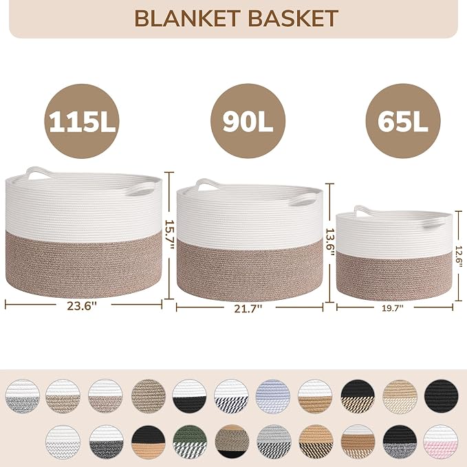 INDRESSME 115L Extra Large Cotton Rope Blanket Basket, Woven Storage for Living Room Toy Baskets Kids Baby Laundry Hamper for Dirty Clothes, Pillows, White & Black