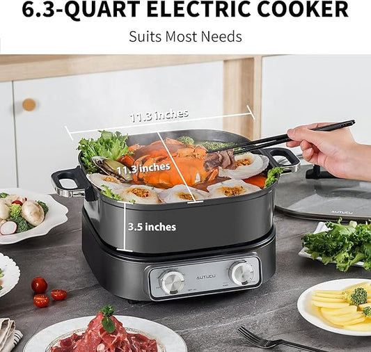 6-Quart Electric Skillet, Hot Pot | Non-Stick PFOA-Free Ceramic-Coated Pot, 1600W, Timer & 3 Power Settings for Steak, Egg, Ramen, Nonstick Pot