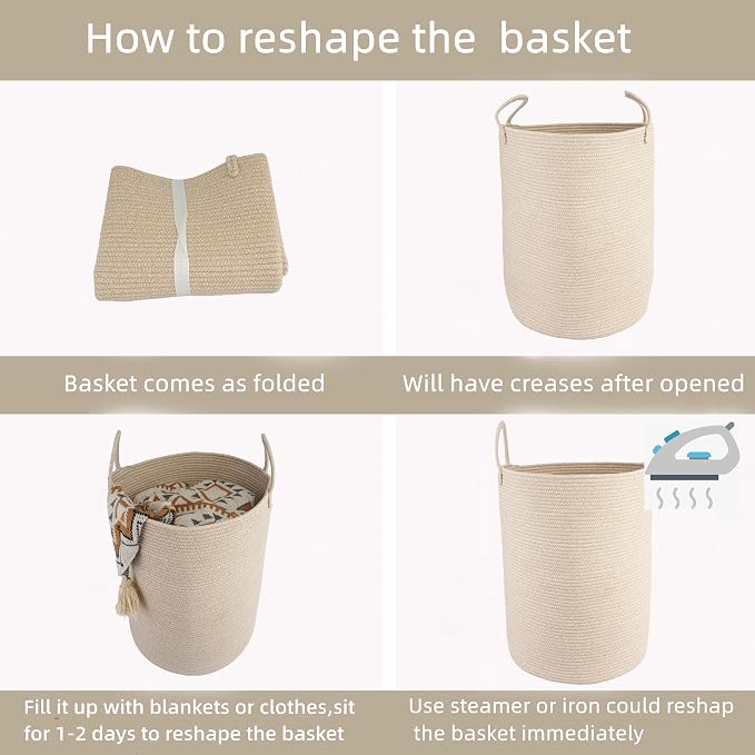 XUANGUO Cotton Rope Laundry Basket Hamper for Clothes Woven Storage Basket for Living Room Bedroom Boho Tall Rope Baskets for Blanket Toys Pillow Towels Baby Nursery Hamper Bin Large oatmeal