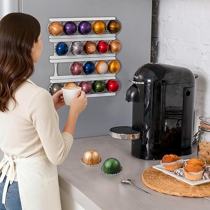 Coffee Pod Holder Compatible with Nespresso VertuoLine Capsules – 20-Pod Space-Saving Organizer for Wall, Cabinet, or Under-Counter Mount, White