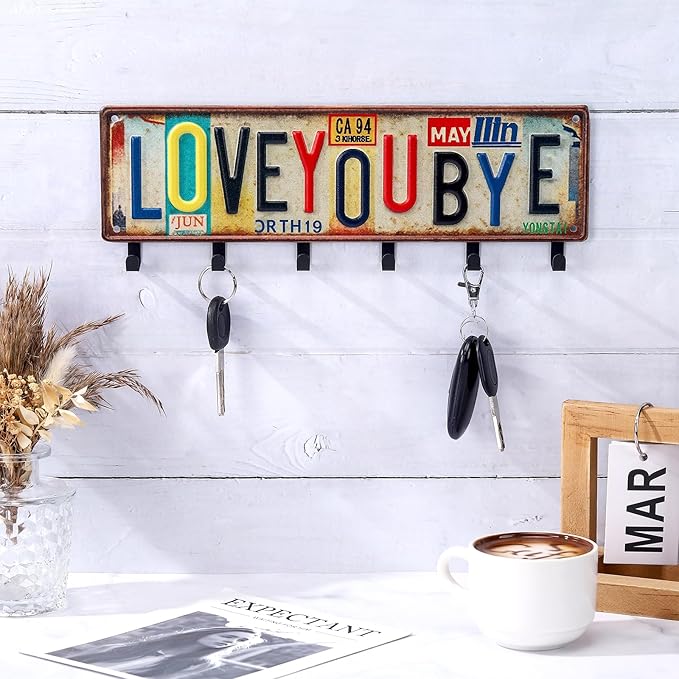 Valentines Key Holder Wall Mount Love You Bye Key Holder Hook Rack Organizer Hanger with 6 Hooks for Wall Express Love Art Sign Decor for Entryway Front Door(Vintage Style,11.8 x 4)