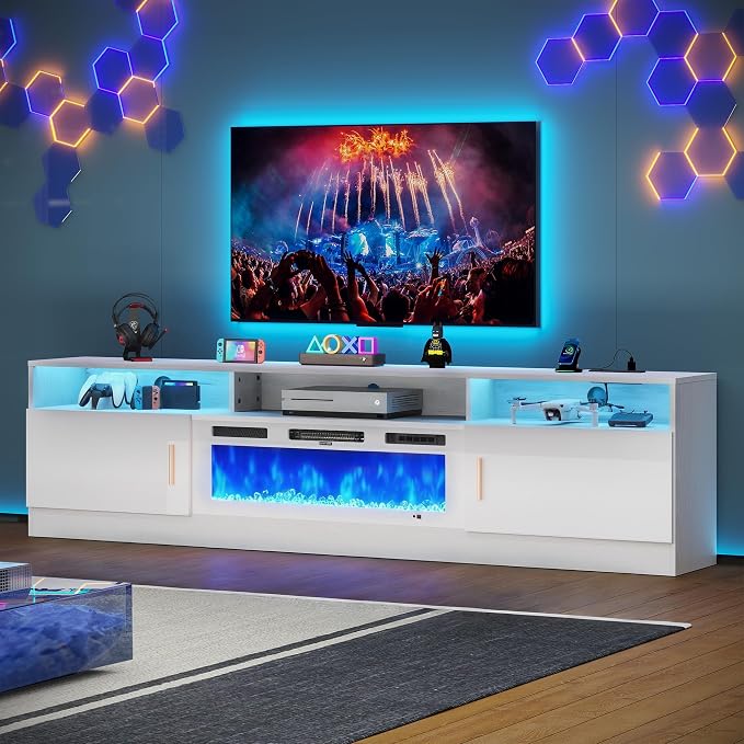 MXV 78" Fireplace TV Stand with Power Outlet for TVs UP to 90", Electric Fireplace Entertainment Center with LED Lights & Storage Cabinets, TV Console for Living Room, Office, White-White