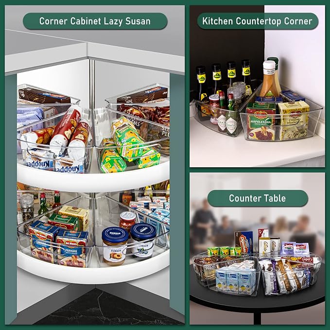 JEISSLIA Lazy Susan Cabinet Organizer Bins for 26"/ 28"/ 32" Diameter Corner Organizer, Plastic Cabinet Storage Bin, 1/8 Wedge - Food Safe, BPA Free, with Non-Slip Pads (for 32" Diameter, 4 Pack)