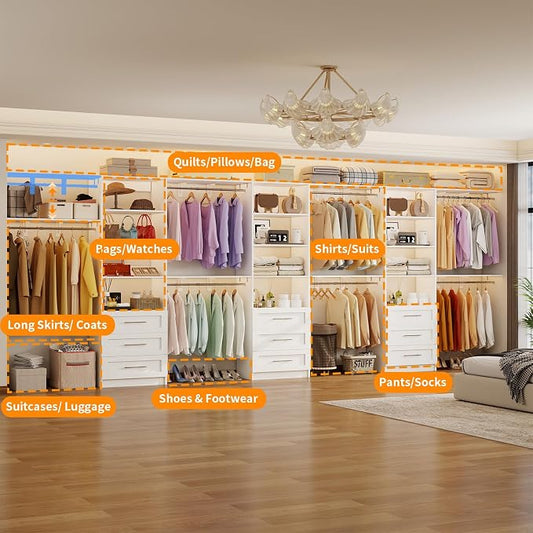Closet System with 9 Drawers, 11-17FT Closet Organizer System with Cuttable Shelves for Walk in Closet with 9 Expandable Hanging Rods, Heavy Duty Built-in Closet for Bedroom, White(3 Sets)