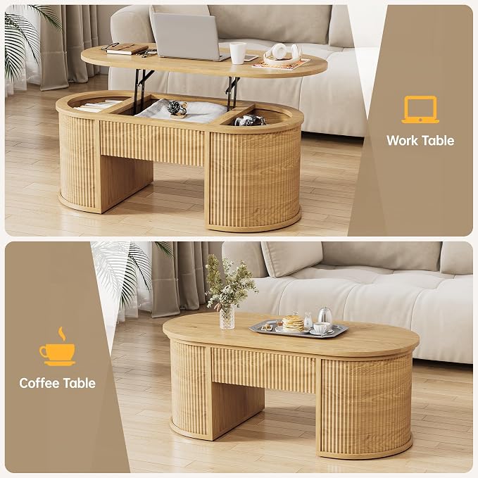 Fluted Lift Top Coffee Table with Storage, Oval Living Room Center Table with Hidden Compartment, Modern Mid-Century Wood Coffee Table for Small Spaces, Home Office, Natural