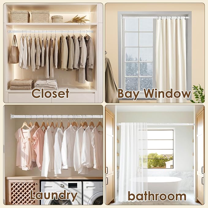 Closet Rod 17-51 Inches,1.3 Inch Diameter Heavy-Duty Adjustable Closet Rods for Hanging Clothes Closet Hanging Rod Metal Closet Poles for Wardrobes Laundry RV Bathroom(White Wood Grain Finish)
