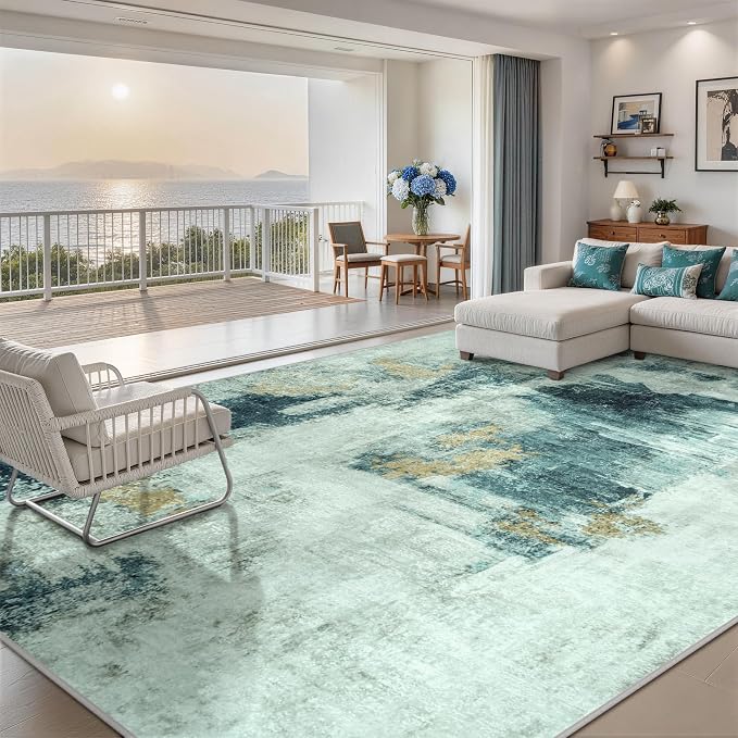 10x14 Area Rugs for Living Room Rug Washable: Abstract Large Rug Indoor Modern Carpet Non Slip for Dining Room Bedroom Nursery Home Office Teal Grey Gold