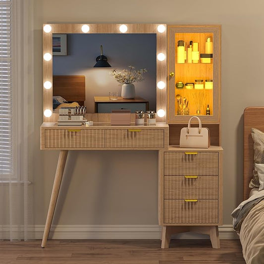 45” Fluted Makeup Vanity Desk with Mirror and Lights, Glass Top Dressing Table with 5 Drawers, LED Lighted Adjustable Cabinet, Trays & Charging Station for Bedroom Dressing Room