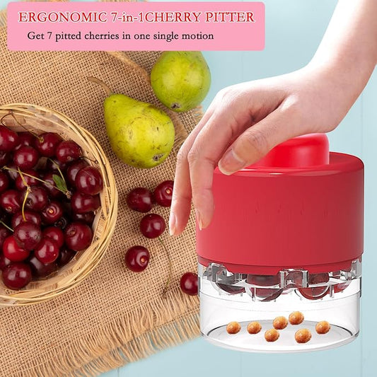 7-in-1 Cherry Pitter Tool,Multi-Function Pitting Tool, Portable Cherries Corer Stoner Seed Tool with Lock Design, Fruit Pit Remover for Cherry Jam (Wine Red)
