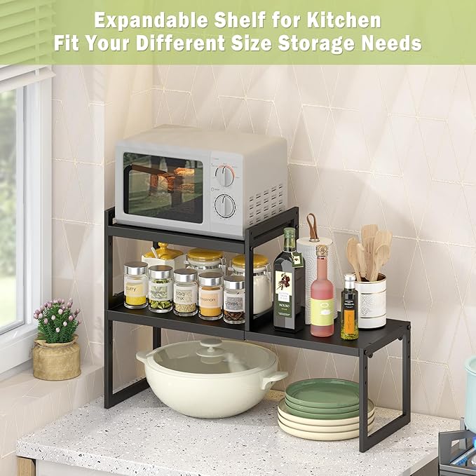 DOLALIKE Expandable Kitchen Countertop Organizer, Stackable Cabinet Shelf Organizers, Space Saving Spice Rack Pantry Storage for Bathroom Office Organization (Black, 2 Pack)