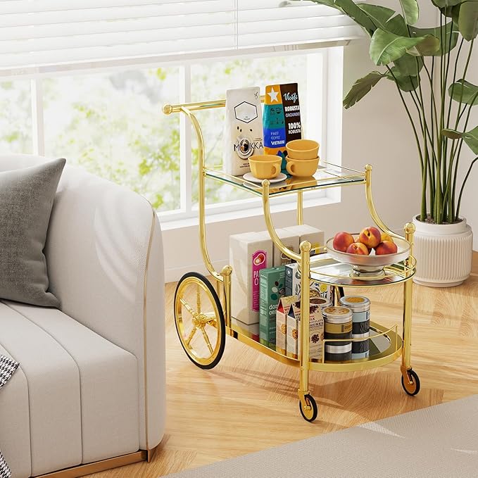 Tangkula Bar Cart, 3-Tier Rolling Home Bar Serving Cart with Mirrored Shelves & 4 Wheels, Mobile Beverage & Wine Cart for Kitchen, Dining Room, Living Room (Gold)