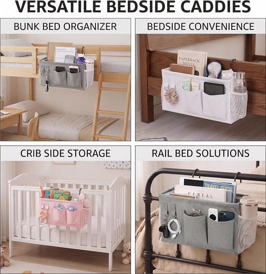 2pc Bedside Caddy Organizer with Hooks, No-Sagging Canvas Hanging Bed Pocket with Water Bottle Holder, Bedside Storage for Dorm Room Essentials, Bunk Bed Accessories, Hospital Bed Rails & Crib (pink)