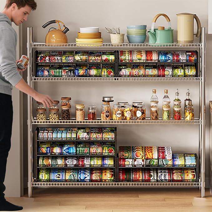 2-Pack Stackable Can Organizer for Pantry Shelf, Adjustable Extra-Long Rolling Can Rack for Kitchen Cupboard Storage, Sturdy Standing Can Holder for Canned Food Goods Soda up to 100, 2 Tier, Black