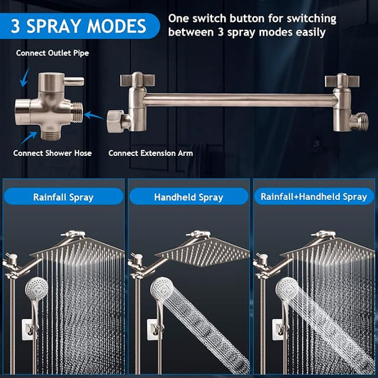 Shower Head Combo(Brushed Nickel),10'' High Pressure Rain Shower Head with 11'' Adjustable Extension Arm and 5 Settings Handheld,Powerful Shower Spray Against Low Pressure Water