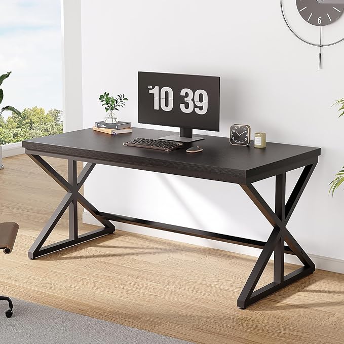 IBF Black Office Desk, Simple Wooden Computer Desks with Metal Legs, Modern Study Work Table for Student Executive, Spacious Writing Gaming Table for Home Bedroom Living Room, 47 Inch, Black Oak