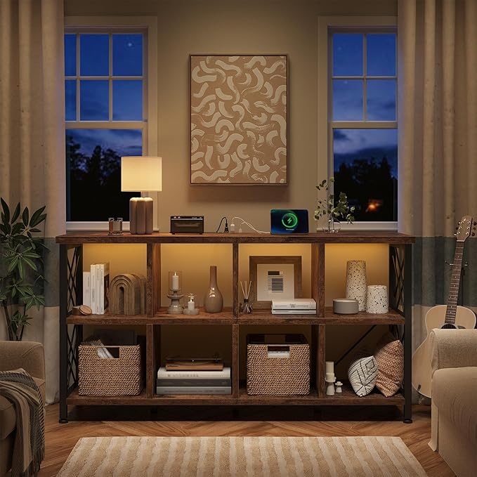 8 Cube Storage Organizer with LED Light and Charging Station, Wood and Metal Cube Shelf, Long Horizontal Book Shelf for Bedroom, Home Office,Rustic Brown