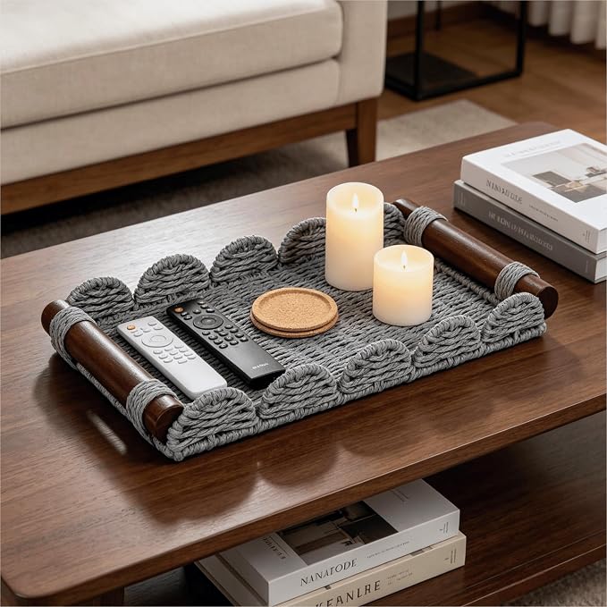 CubesLand Bathroom Toilet Paper Tray Organizer, Scalloped Decorative Tray w/Wood Handle for Counter, Shelves, Wicker Tray for Farmhouse Rustic Home Decor, Coffee Table Decor, Seasonal Decor, Grey