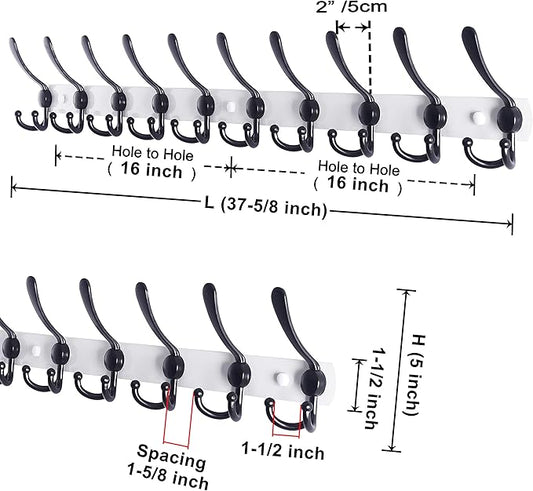 Dseap Coat Rack Wall Mount - 38” Long 10-Tri-Hooks Heavy Duty Coat Hanger Rail Wall Hooks for Hanging Coats Hats Clothing Clothes Purse Mudroom Entryway, White/Black