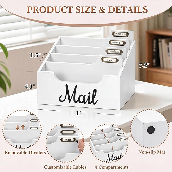 Rustic Wood Mail Organizer Countertop with 4 Slots, Black Mail Holder for Desk, Removable Dividers Mail Sorter, Letter Bill File Organizer for Home Office Classroom, Desktop Organizer with Free Labels