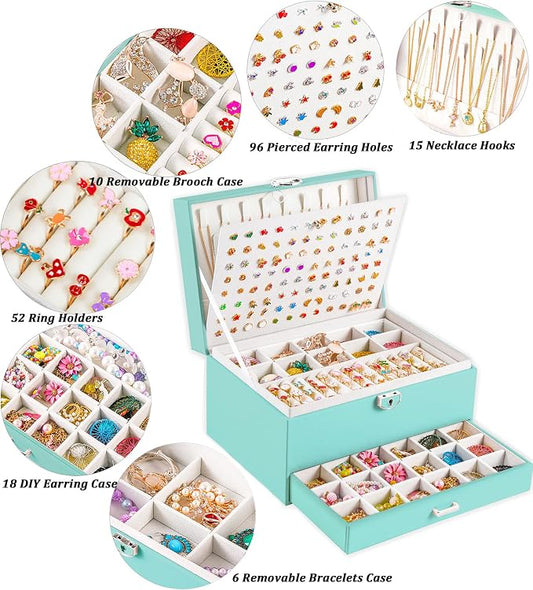 QBestry Earrings Jewelry Box for Girls, 5 Layers Jewelry Organizer with Earring Holder Organizer for Girls Earring Organizer Jewelry Boxes for Women Earrings and Necklaces Jewelry Box Organizer Teal