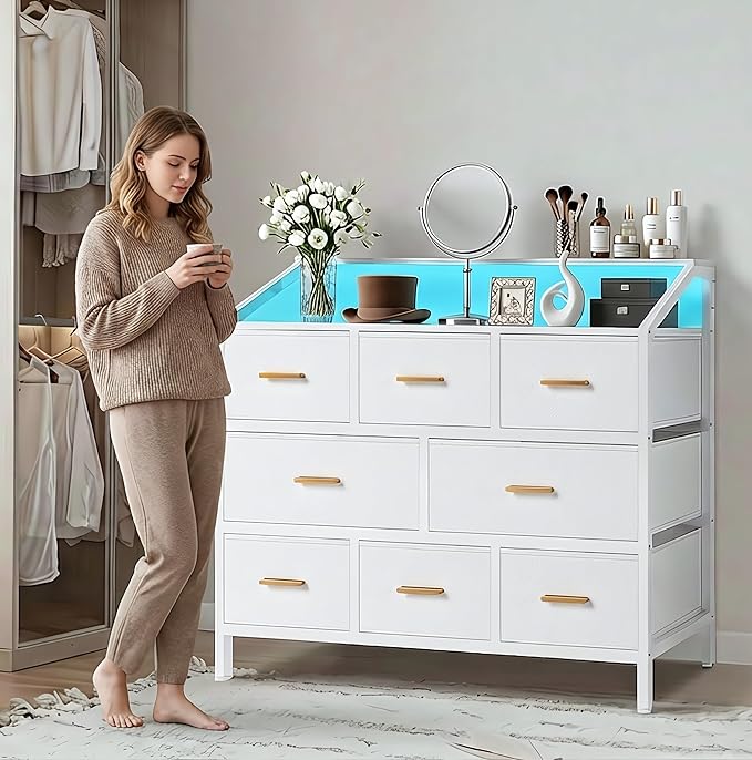 8-Drawer Fabric Dresser with Charging Station and LED Light, Modern Chest of Drawers for Bedroom, 45'' Triple-Wide Storage Cabinet for Closet, Living Room, and Entryway, Metal Handles