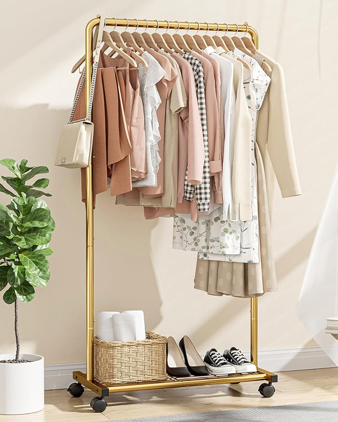 Clothes Rack - Clothing Rack with Storage Mesh Shelf & Casters, Heavy-Duty Metal Clothing Rack for Hanging Clothes, Dresses, Coats, Large Load Capacity, Easy Assembly, Gold, 28.0"x16.9"x59.0"
