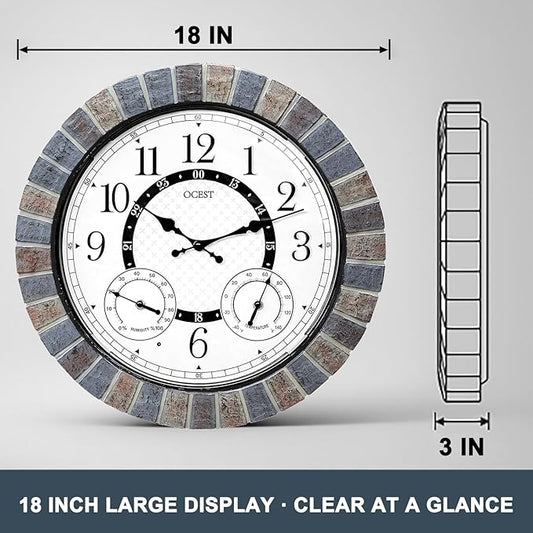 OCEST 18 Inch Large Outdoor Clock Waterproof Thermometer Hygrometer Combo Night Light Illuminated Wall Clocks Battery Operated Silent Non-Ticking Ideal Patio Clock for Garden Pool Porch Yard Garage