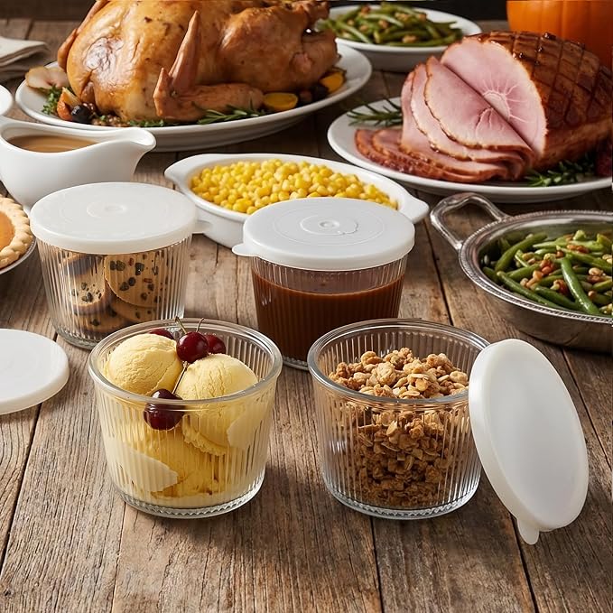 8pc Set of Small Glass Bowls with Lids 6.8oz Ribbed Clear Glass Containers Stackable Dessert Custard Pudding Cups Condiment Bowls for Sauces Dips, Nuts Oats, Candy Dessert, Cereal