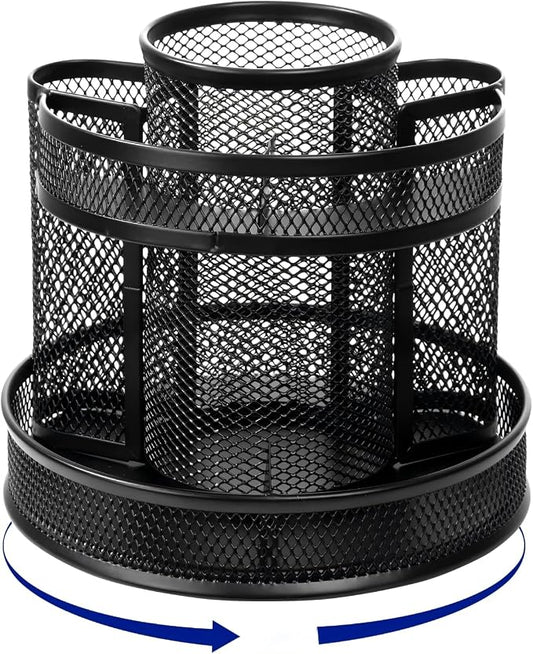 Comix 360° Rotating Pen Holder for Desk, 9 Compartments Office Desk Organizer, Black Mesh Metal Pencil Holder Cup for Office Home School