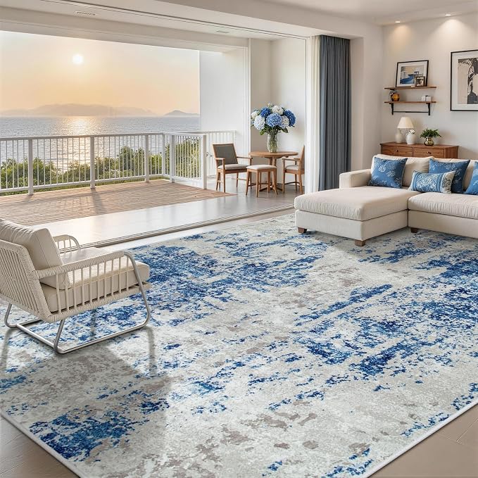 10x14 Area Rugs for Living Room Rug Washable: Abstract Large Rug Indoor Modern Carpet Non Slip for Dining Room Bedroom Nursery Home Office Blue Grey White