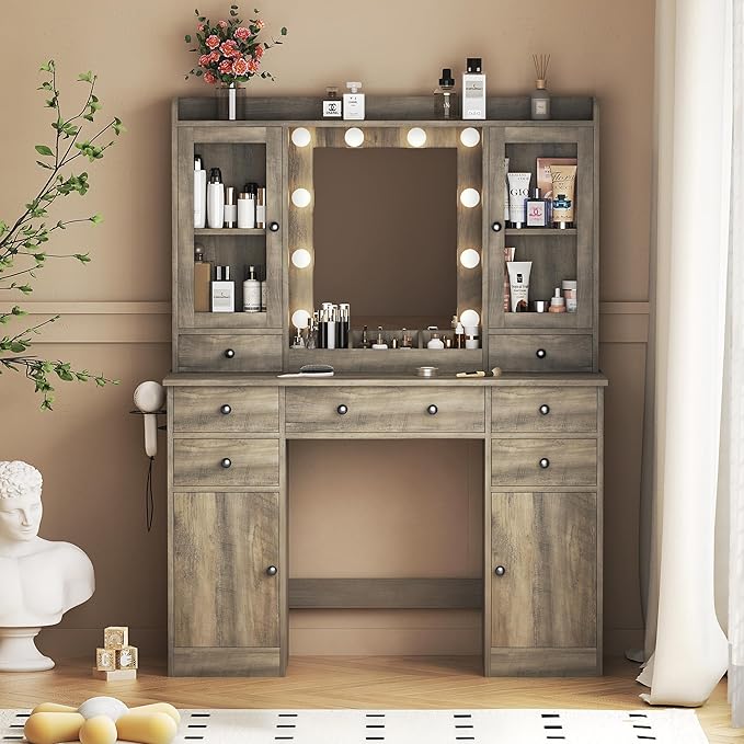 Vanity Desk with Mirror and Lights, Grey Vanity with Lighted Mirror & Power Outlet and 7 Drawers, 3 Color Modes Adjustable, Makeup Dressing Table Set with Lights for Girls Women