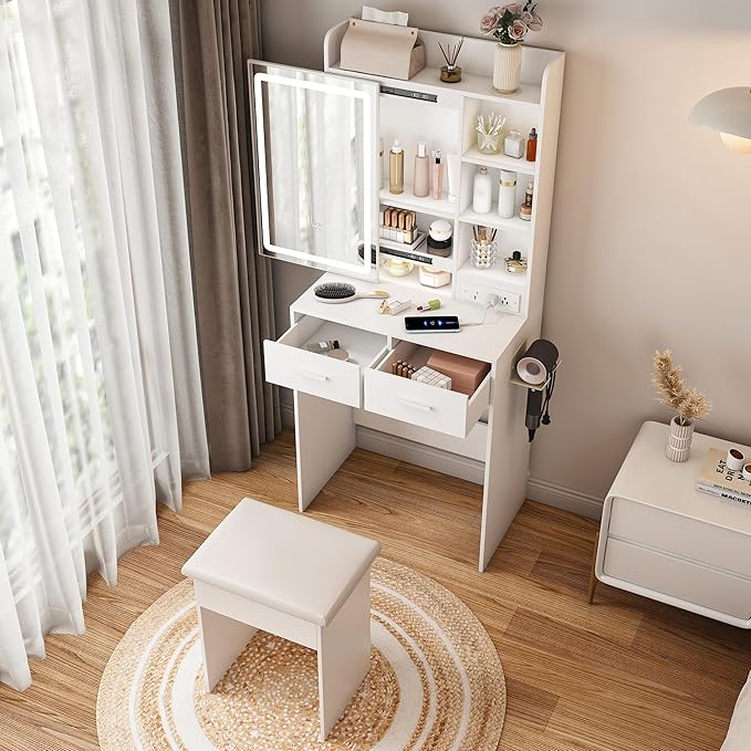 Vanity Desk with Mirror and Lights - Small Makeup Vanity Table Set with Power Outlet, Storage Drawers & Chair, 3 Lighting Modes & Adjustable Brightness, Dressing Table for Women Girls Bedroom, White