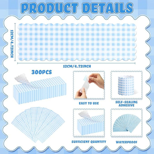 300 Pcs Blue White Plaid Paper Napkin Rings Disposable Napkin Bands Self Adhesive Summer Silverware Wrap Band for Birthday Holiday Party Dinner Table Setting Decoration