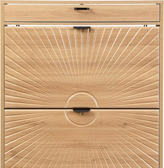 XIAO WEI Shoe Cabinet, Shoe Storage Organizer Cabinet with 2 Flip Half Moon Line Doors, Freestanding Shoe Rack with Adjustable Shelf for Entryway(Oak)