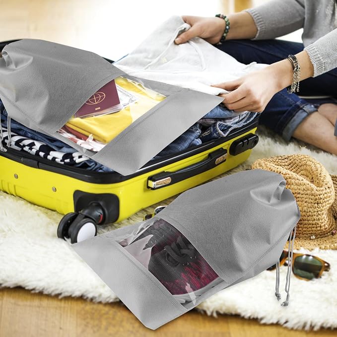 Shoe Bags for Travel, 5 Pcs Large Gray Travel Shoe Bags for Packing, Non-Woven Drawstring Travel Shoe Storage Bag with Clear Window for Men and Women(12.6" X 17.3" )