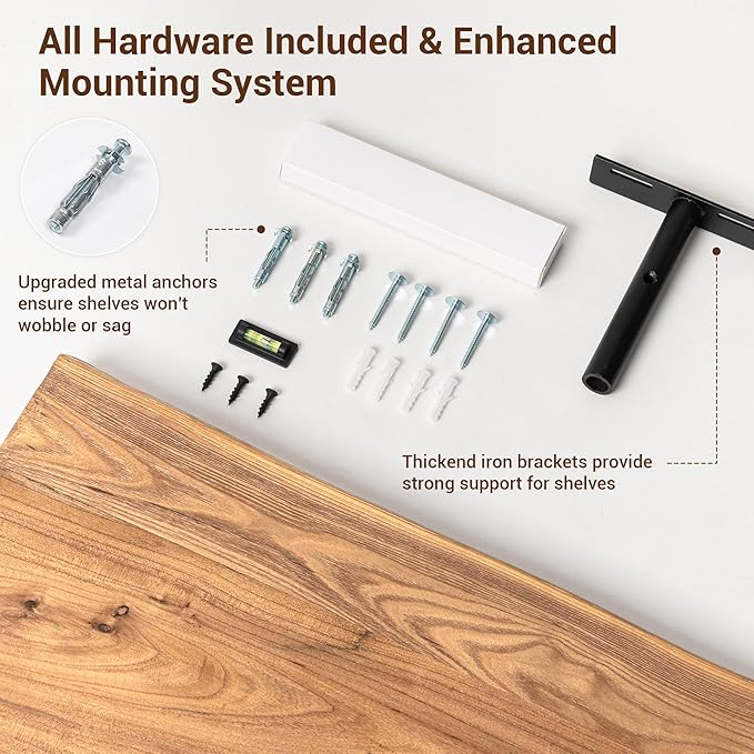 fuqing Live Edge Floating Shelves for Wall - Solid Elm Wood Floating Shelves 48 Inch - 9 Inch Deep Natural Wooden Wall Shelves with Heavy Duty Metal Brackets and Anchors