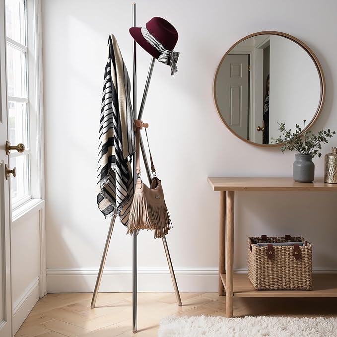 Coat Stand 70", Stainless Steel and Beech Wood, Freestanding Entryway Hall Tree for Hanging Hats/Bags/Purse/Jackets/Accessories, Modern Minimalist Design
