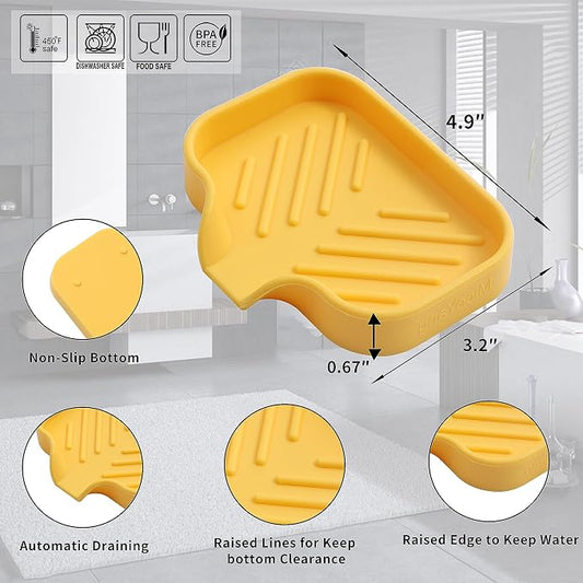 MicoYang Silicone Soap Dish with Drain Spout, Self-Draining Sink Organizer Tray for Bathroom and Kitchen, Sponges, Dispensers and Soap Holder, Non-Slip & Dishwasher Safe, Yellow (Compact, 4.9"×3.2")