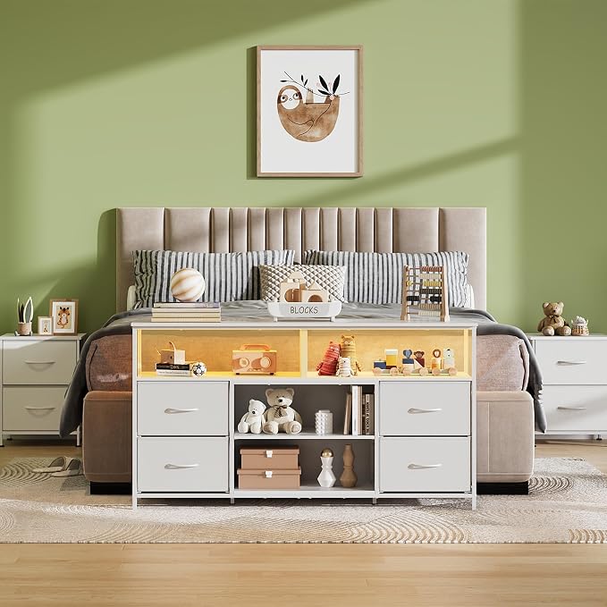 WLIVE TV Stand Dresser for 50,55,60 inch TV, Entertainment Center with LED Lights & Fabric Drawers, Dresser TV Stand for Bedroom and Living Room with Open Shelves, White