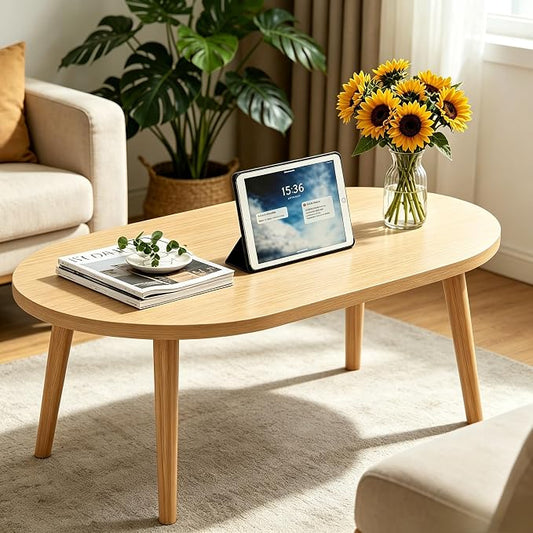 Coffee Table Low Table with Solid Wood Legs, 31.5x19.7" Large Coffee Table Side Table, Floor Table Desk for Sitting on The Floor, Living Room Furniture for Office Apartment Home, Oval Natural